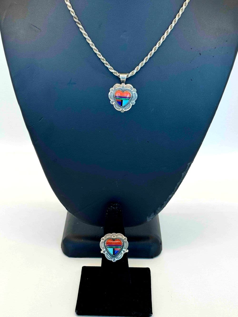 Lot 169: Zuni Inlay Ring and Matching Pendant Necklace