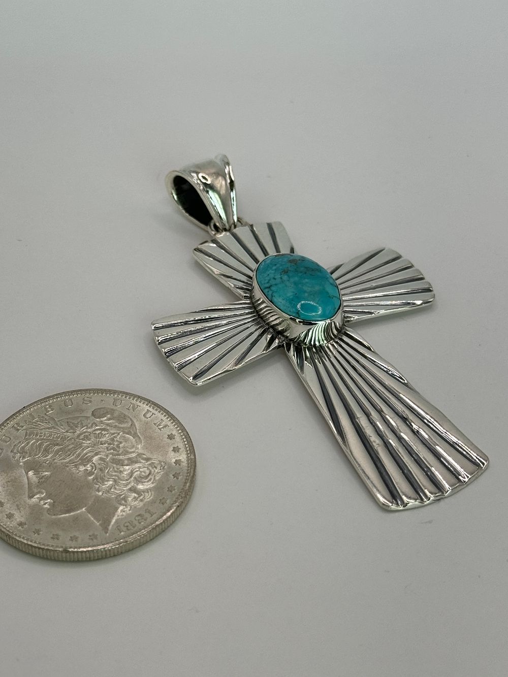 Lot 34: Kingman Turquoise Beautiful Sterling Silver Cross