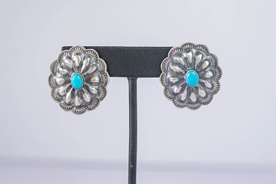 Wonderfully Detailed Turquoise Post Earrings. Native American Navajo sterling silver concho post 