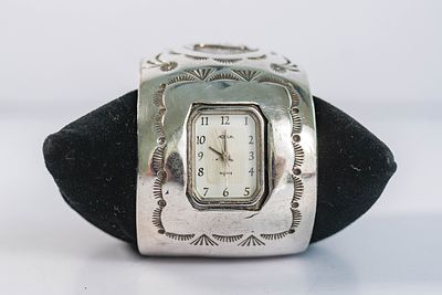 Vintage Storyteller Cuff Watch Bracelet. Native American Navajo vintage sterling silver overlay 