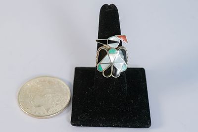 Vintage Zuni Firebird Ring. Native American Zuni vintage channel set sterling silver inlaid 