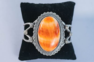 Spectacular orange Spiny Oyster Shell Cuff. Native American Navajo artist FL Begay spectacular 