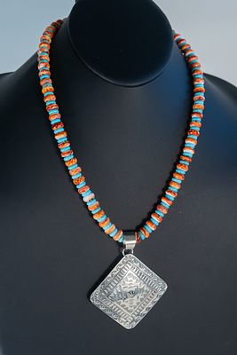 Sleeping Beauty Turquoise & Spiny Oyster Pendant Necklace. Native American Navajo pendant 