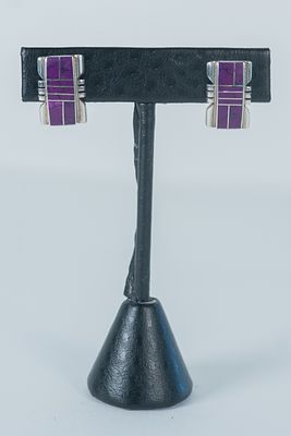 Exquisite Sugilite Inlay Eariings. Native American Navajo exquisite sterling silver post 