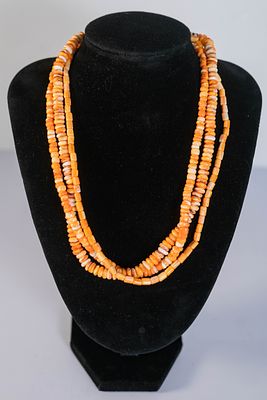 Orange Spiny Oyster Shell Three Strand Necklace. Native American Navajo three strand necklace 