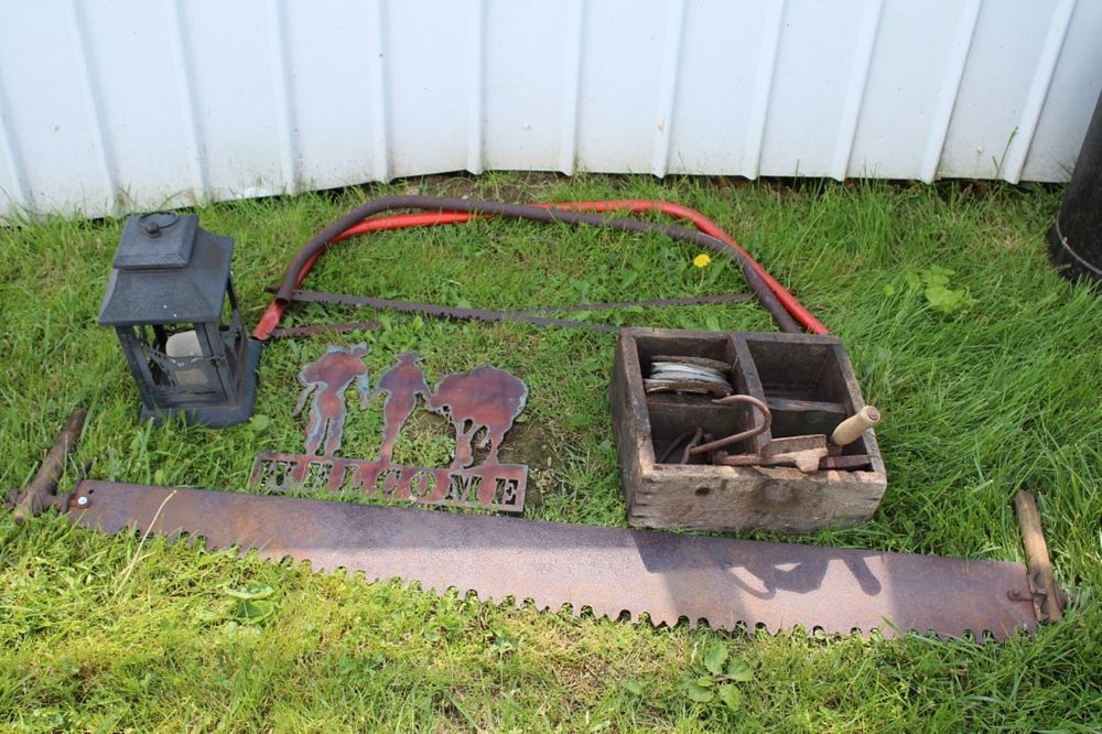 Lot 322: LARGE HAND SAW, LANTERN, WELCOME SIGN