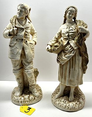 1 - FISHERMAN AND WOMAN STATUE PAIR. CAST CHALKWARE, 2 FIGURINES
