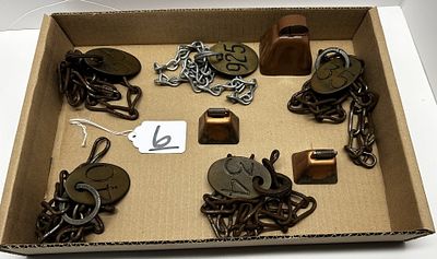 1 - BRASS DAIRY COW TAGS & BELLS. ONE BOX, VINTAGE CHAINS WITH NUMBERED TAGS, THREE COW BELLS