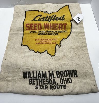 1 - VINTAGE LOCAL BURLAP SEED WHEAT BAG. BURLAP SEED WHEAT BAG, BETHESDA, OHIO WILLIAM M. BROWN