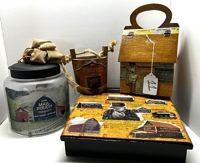 1 - MAIL POUCH TOBACCO THEMED DECORATIONS. WOODEN STORAGE BOX WITH HANDLE, "MAIL POUCH TOBACCO