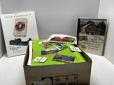 1 - MAIL POUCH TOBACCO BARN THEMED MAGNETS/ POSTCARDS. BOX OF MISCELLANEOUS BOOKS: COOKBOOKS, OLD
