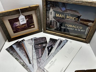 1 - MAIL POUCH FOUR WOODEN FRAMED PHOTOS/POSTCARD. FOUR MAIL POUCH TOBACCO BARN PHOTOS IN WOODEN