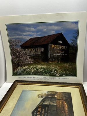 1 - MAIL POUCH WOODEN FRAMED PHOTO AND POSTER. LARGE WOODEN FRAMED PHOTO OF A MAIL POUCH TOBACCO