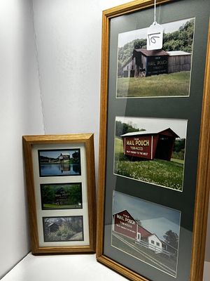 1 - MAIL POUCH WOODEN FRAMED PHOTOS WITH PHOTO DIVIDER. TWO FRAMES WITH THREE PICTURES IN EACH