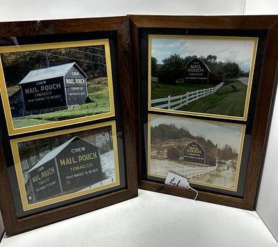 1 - MAIL POUCH WOODEN FRAMED PHOTOS WITH PHOTO DIVIDER. TWO WOODEN FRAMES WITH TWO PICTURES IN EACH