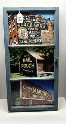 1 - MAIL POUCH WOODEN FRAMED PHOTOS WITH PHOTO DIVIDER. THREE MAIL POUCH TOBACCO BARN PHOTOS IN AN