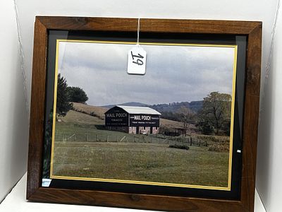 1 - MAIL POUCH WOODEN FRAMED PHOTO. WOODEN FRAMED MAIL POUCH TOBACCO BARN PHOTO