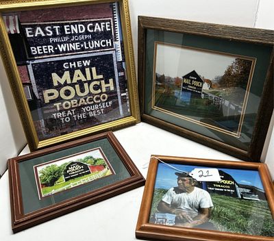 1 - MAIL POUCH FOUR WOODEN FRAMED PHOTOS. FOUR WOODEN FRAMED PHOTOS OF MAIL POUCH TOBACCO BARNS
