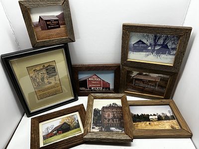 1 - MAIL POUCH BOX OF 8 FRAMED PHOTOS. 8 PHOTOS OF MAIL POUCH TOBACCO BARNS, WOODEN FRAMES, 4