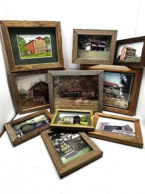 1 - MAIL POUCH BOX OF 9 FRAMED PHOTOS. 9 PHOTOS OF MAIL POUCH TOBACCO BARNS, WOODEN FRAMES, 5