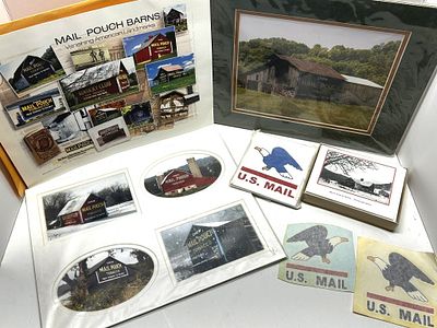 1 - BOX OF MISCELLANEOUS MAIL POUCH TOBACCO ITEMS. BOX OF MAIL POUCH TOBACCO THEMED GREETING CARDS