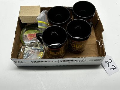 1 - BOX OF MISCELLANEOUS MAIL POUCH TOBACCO ITEMS. BOX OF MAIL POUCH TOBACCO THEMED MUGS, STAMP