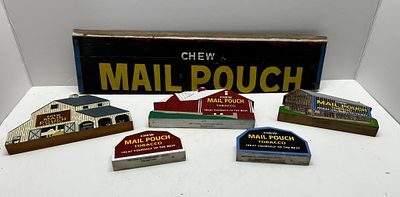 1 - MAIL POUCH BOX OF WOODEN SIGNS/DECORATION. BOX OF MAIL POUCH TOBACCO SIGN AND BARN WALL