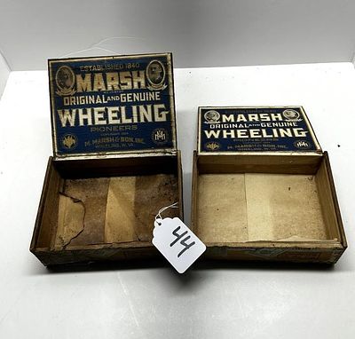 1 - PAIR OF WOODEN WHEELING MARSH BOXES. TWO ANTIQUE WOODEN WHEELING MARSH BOXES