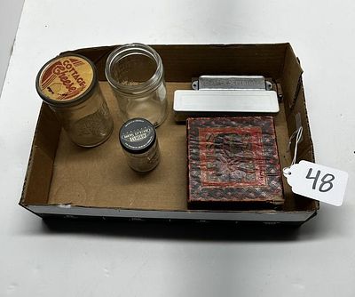 1 - CHEESE JAR, MUSTARD JAR, RAZOR BLADE, MORE. BOX OF 8 ITEMS, ONE ANTIQUEGLASS COTTAGE CHEESE JAR
