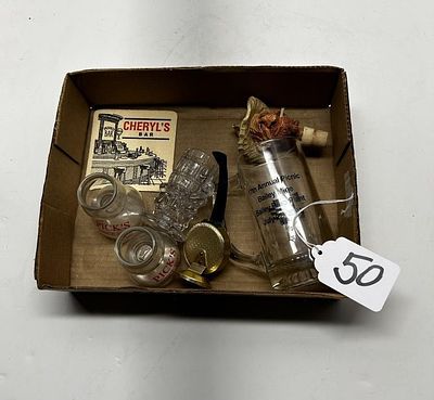 1 - BOX OF MISCELLANEOUS BAR ITEMS, PICK'S SINCE 1957. BOX OF 7 BAR ITEMS, TWO SMALL GLASS JARS