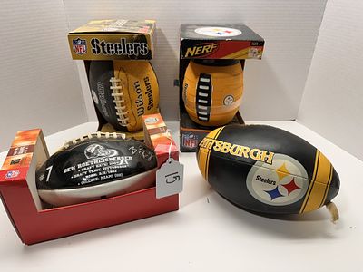 1 - PTTSBURGH STEELERS FOOTBALLS, SIGNED. VARIETY OF 4 FOOTBALLS WITH 1 SIGNITURE