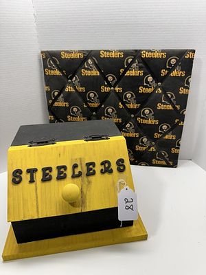 1 - PITTSBURGH STEELERS ROOM DECOR. ONE ITEM TO HANG ON WALL OTHER FOR STORAGE