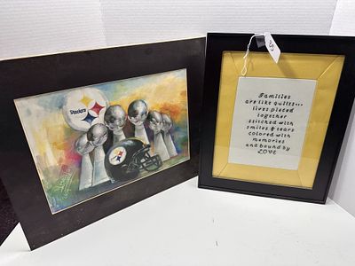 1 - PITTSBURGH STEELERS FRAMED ARTWORK. PAINTING AND QUILT MESSAGE