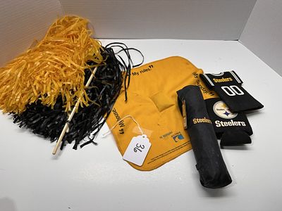 1 - PITTSBURGH STEELERS FAN GEAR. POMPOM, UMBRELLA, AND CAN COOLIES