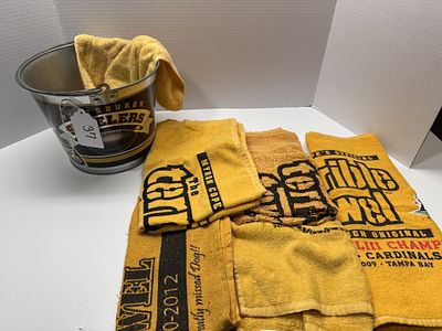 1 - PITTSBURGH STEELERS BUCKET AND TERRIBLE TOWELS. VARIETY OF DIFFERENT TOWELS
