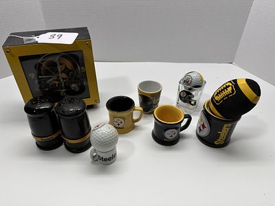 1 - PITTSBURGH STEELERS VARIETY OF ITEMS. SHOT GLASSES, CLOCK, SALT & PEPPER SHAKERS, AND GOLF BALLS