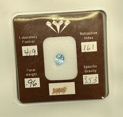 1 - BLUE TOPAZ GEM. 419 LABORATORY CONTROL, .96 CARAT WEIGHT, 1.61 REFRACTIVE INDEX, 3.53 SPECIFIC