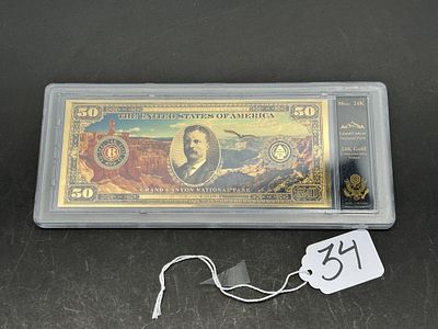 1 - 24K GOLD TRIBUTE BILL GRAND CANYON. GRAND CANYON NATIONAL PARK 50 MG 24K GOLD COMMEMORATIVE