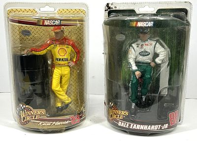 DRIVER FIGURINES. NASCAR DALE EARNHARDT JR AND KEVIN HARVICK WINNER'S CIRCLE FIGURINES IN 