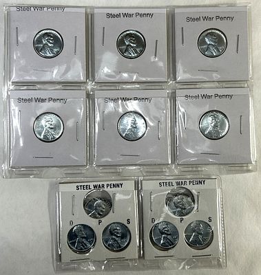 STEEL WAR PENNY LOT. 6 STEEL WAR PENNIES AND 2 STEEL WAR PENNIES P-D-S SETS