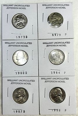 UNCIRCULATED JEFFERSON NICKLES. BRILLIANT UNCIRCULATED JEFFERSON NICKELS 1973D,1979P,1980D,1984P 