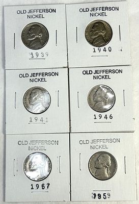 OLD JEFFERSON NICKELS 1939,1940,1941,1946,1957,1959