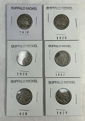 BUFFALO NICKELS. 6 BUFFALO NICKELS 1918,1920,1925,1927,1928,1929