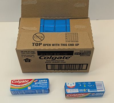 TOOTHPASTE. 24 COUNT OF COLGATE TOOTHPASTE JUNIOR BUBBLE FRUIT, TRIAL SIZE TUBES, EXP. 5/2024