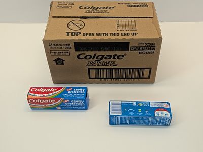 TOOTHPASTE. 24 COUNT OF COLGATE TOOTHPASTE JUNIOR BUBBLE FRUIT, TRIAL SIZE TUBES, EXP. 5/2024