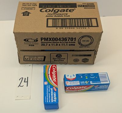 TOOTHPASTE. 24 COUNT OF COLGATE TOOTHPASTE JUNIOR BUBBLE FRUIT, TRIAL SIZE TUBES, EXP. 5/2024