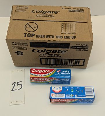 TOOTHPASTE. 24 COUNT OF COLGATE TOOTHPASTE JUNIOR BUBBLE FRUIT, TRIAL SIZE TUBES, EXP. 12/2022