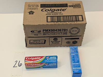 TOOTHPASTE. 24 COUNT OF COLGATE TOOTHPASTE JUNIOR BUBBLE FRUIT, TRIAL SIZE TUBES, EXP. 6/2023