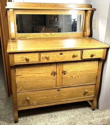 ANTIQUE BUFFET. ON WHEELS, NO CONTENTS, WITH KEYS