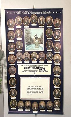 ALL AMERICAN CALENDAR. SET OF 2, 1961 AND 1963, FIRST NATIONAL BANK BELLAIRE, OH